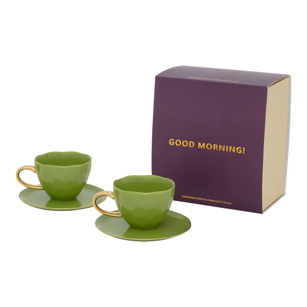 Good Morning cup Cappuccino/Tea and Plate evergreen sprig, set of 4, in gift pack