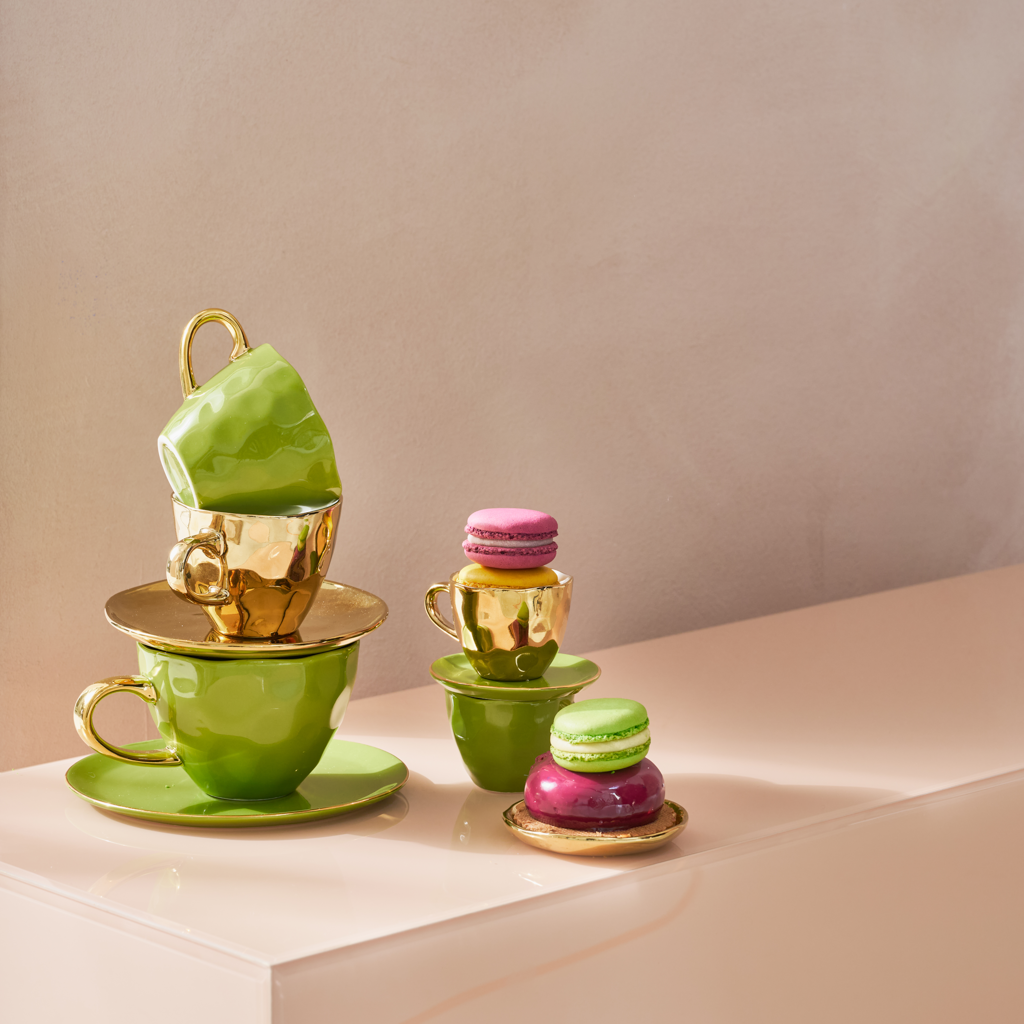 Good Morning cup Cappuccino/Tea and Plate evergreen sprig, set of 4, in gift pack