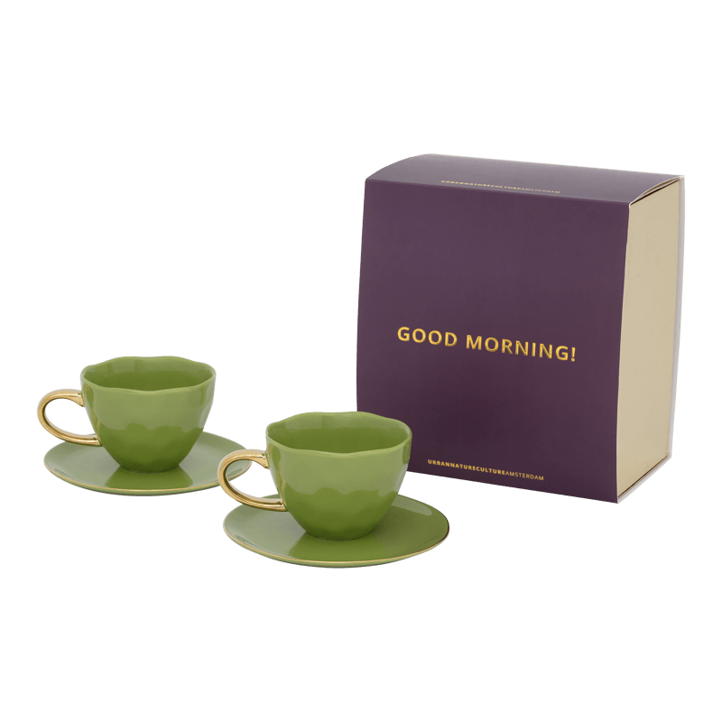 Good Morning Cup Cappuccino/Tea and Plate evergreen sprig, set of 4, in gift pack