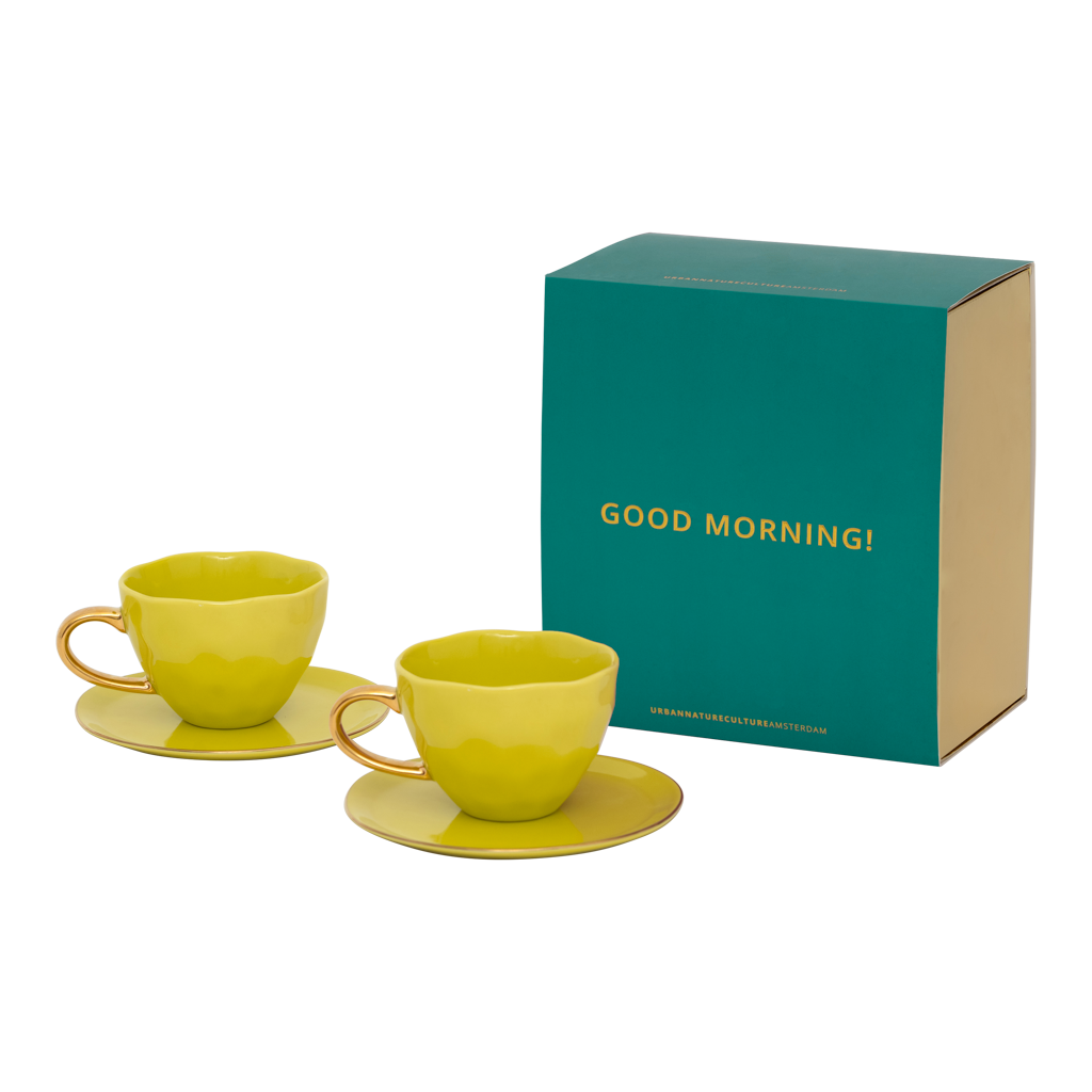Good Morning cup Cappuccino/Tea and Plate liatris/lime light, set of 4, in gift pack