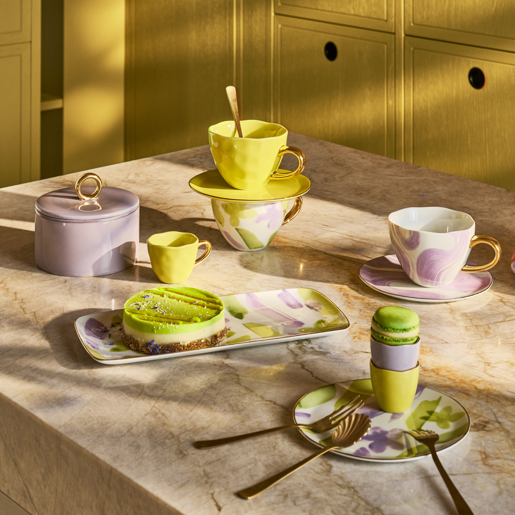 Good Morning cup Cappuccino/Tea and Plate liatris/lime light, set of 4, in gift pack
