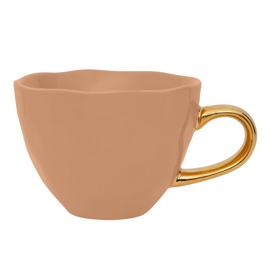 Part of the Good Morning Collection. Cappuccino cup in the colour clay With a hand-painted golden ear. Colour clay a mid tone pastel.