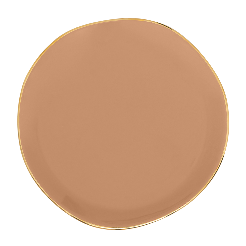Part of the Good Morning Collection. As a cake plate or breakfast plate. In the colour clay With a hand-painted golden rim. Colour clay a mid tone pastel.