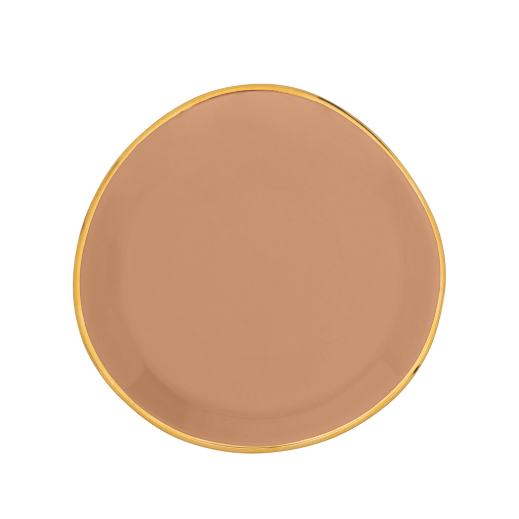 Part of the Good Morning Collection. As tea tip or petit four. In the colour clay With a hand-painted golden rim. Colour clay a mid tone pastel.