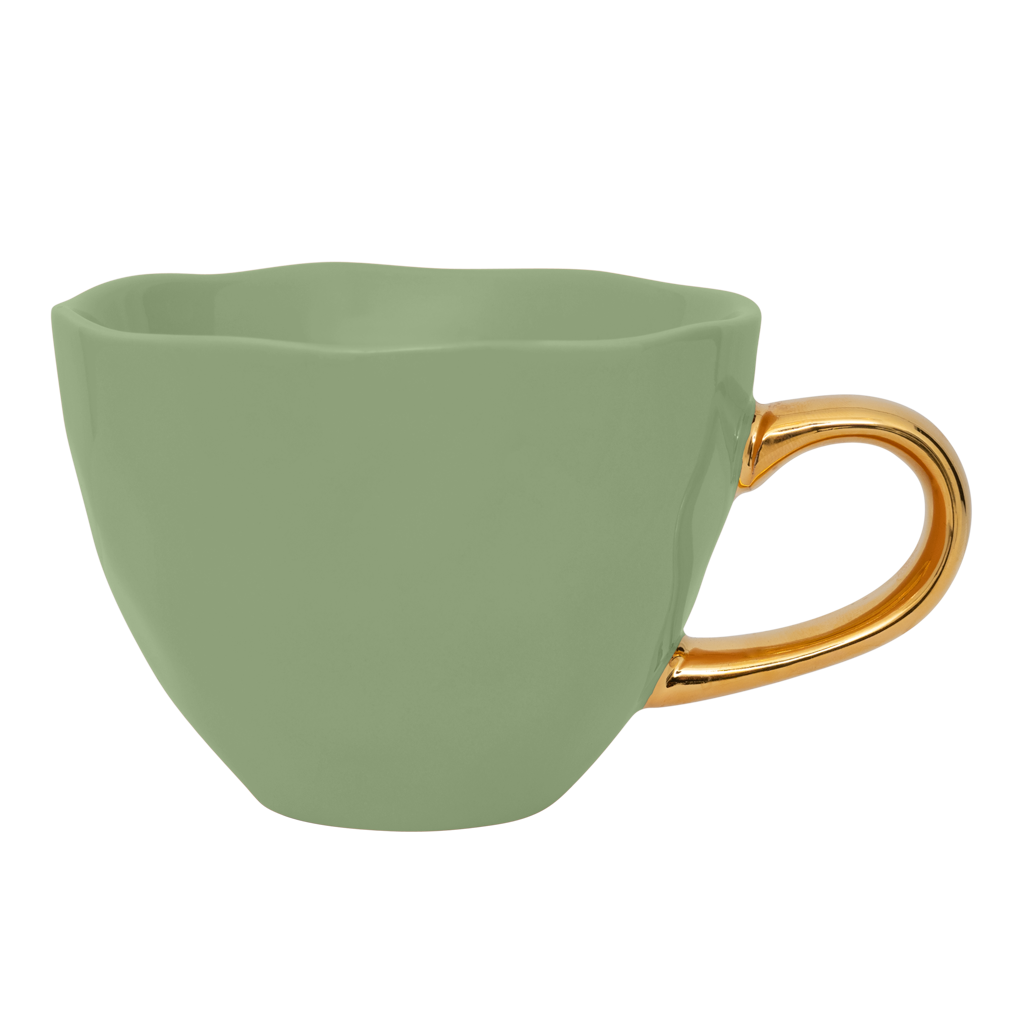 Part of the Good Morning Collection. Cappuccino cup in the colour matcha With a hand-painted golden ear. Colour matcha is a mid tone pastel