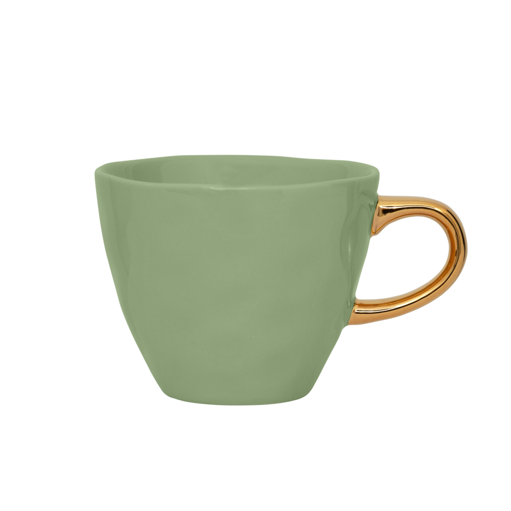 Part of the Good Morning Collection. Coffee cup in the colour matcha With a hand-painted golden ear. Colour matcha is a mid tone pastel