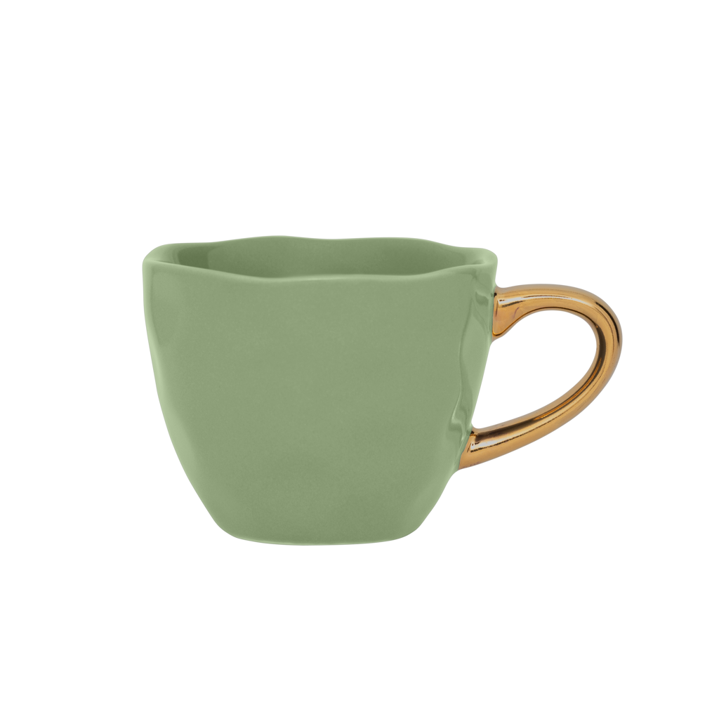 Part of the Good Morning Collection. Espresso cup in the colour matcha With a hand-painted golden ear. Colour matcha is a mid tone pastel