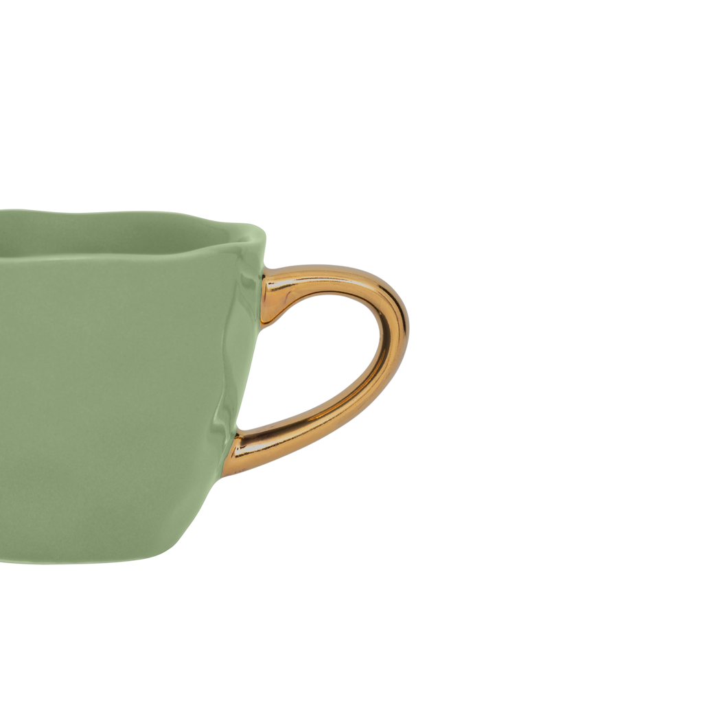 Part of the Good Morning Collection. Espresso cup in the colour matcha With a hand-painted golden ear. Colour matcha is a mid tone pastel