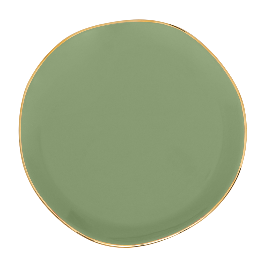 Part of the Good Morning Collection. As a cake plate or breakfast plate. In the colour matcha With a hand-painted golden rim. Colour matcha is a mid tone pastel