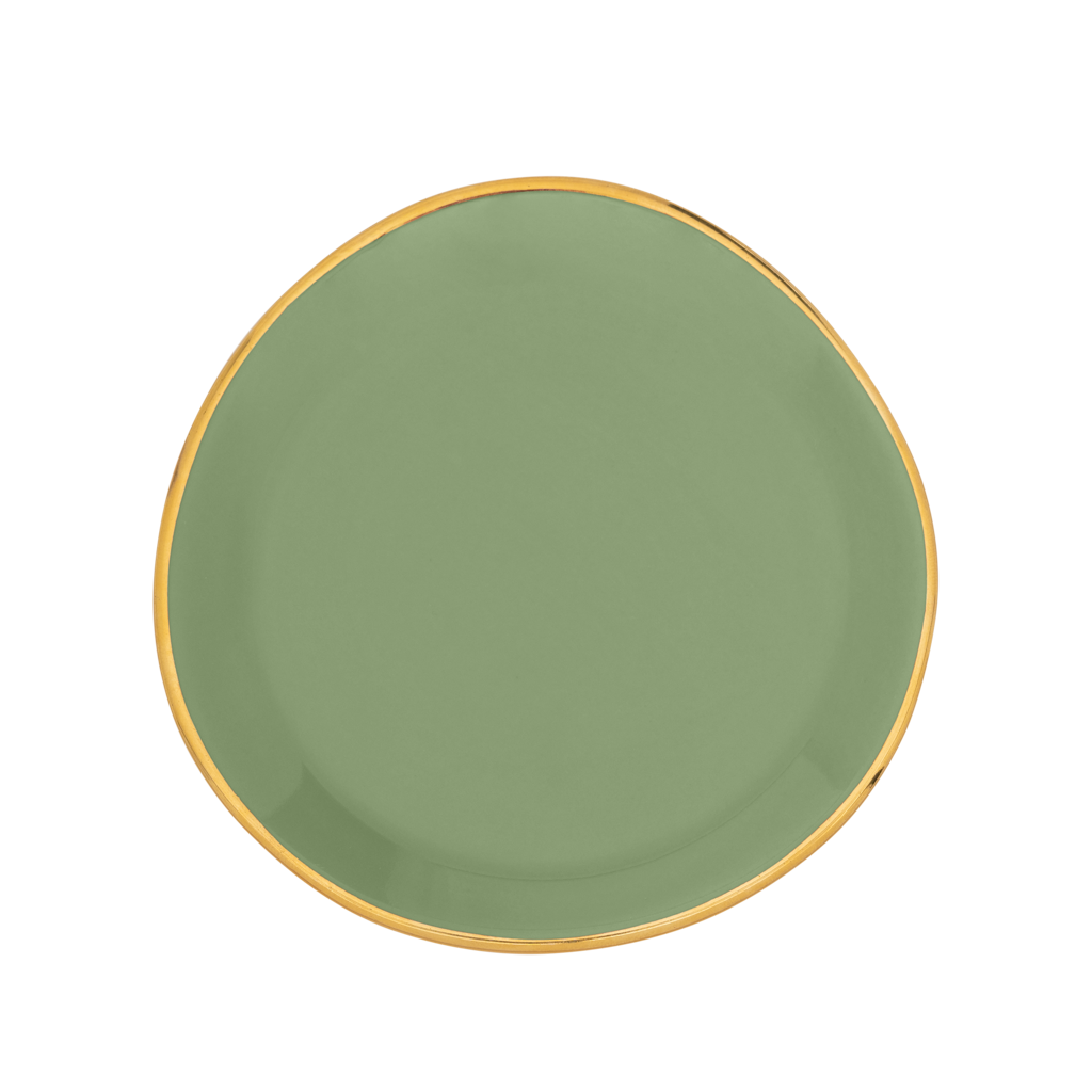 Part of the Good Morning Collection. As tea tip or petit four. In the colour matcha With a hand-painted golden rim.Colour matcha is a mid tone pastel.