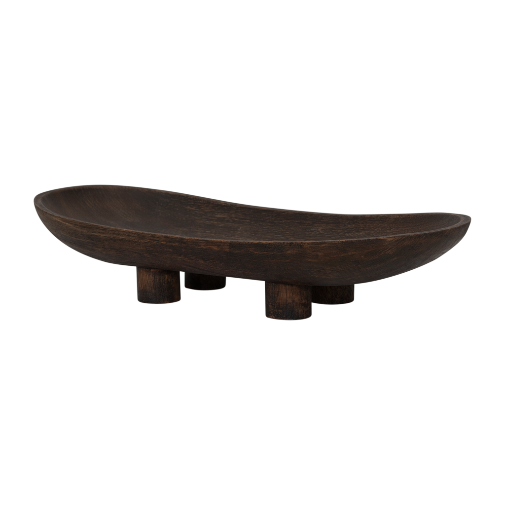 Organic, rustic, bold serving plate on four feet. Made of eco-friendly mangowood, of which the timber is harvested after the mango tree passed its fruit-bearing life span.