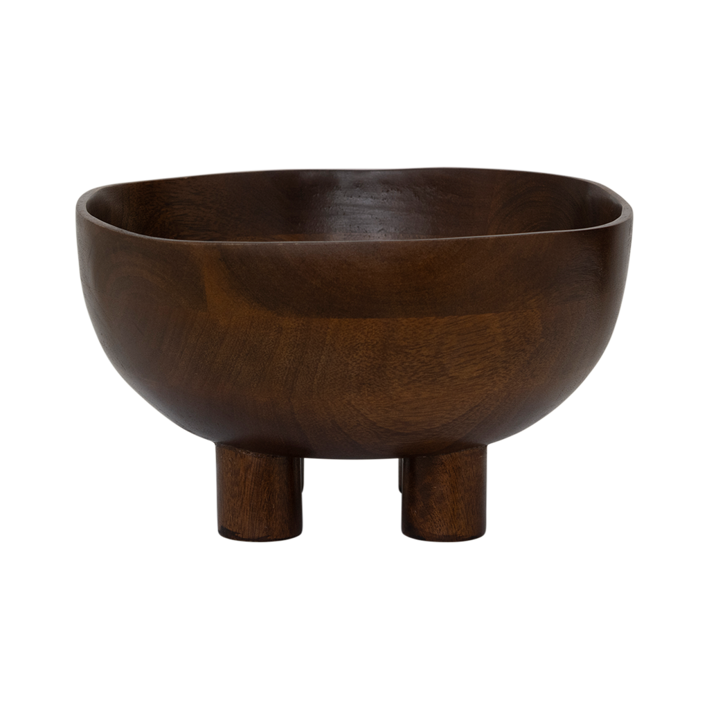 A round, organic shaped wooden bowl with four small feet, finished in a warm sophisticated dark brown finish. Made of eco-friendly mangowood, of which the timber is harvested after the mango tree passed its fruit-bearing life span.
