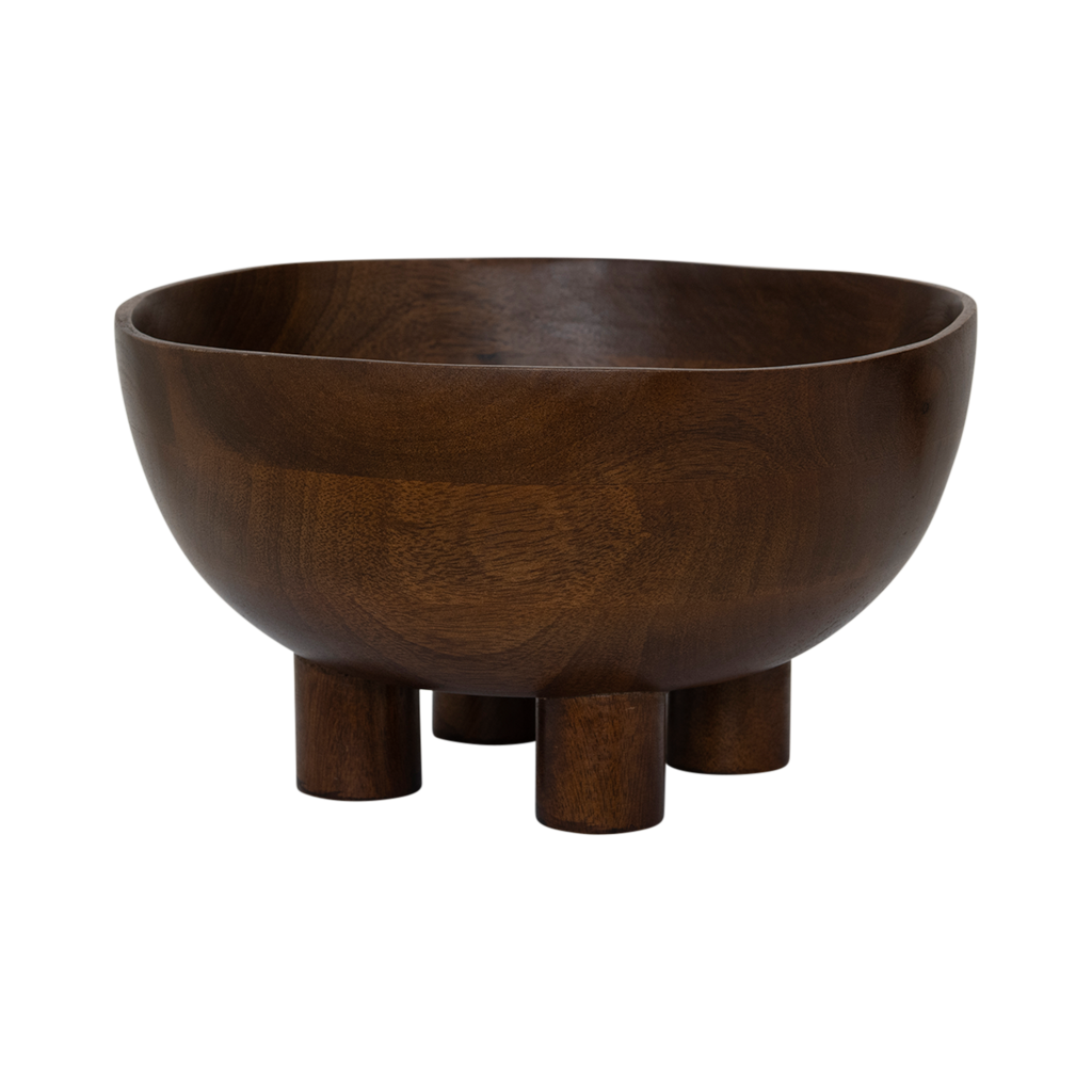 A round, organic shaped wooden bowl with four small feet, finished in a warm sophisticated dark brown finish. Made of eco-friendly mangowood, of which the timber is harvested after the mango tree passed its fruit-bearing life span.