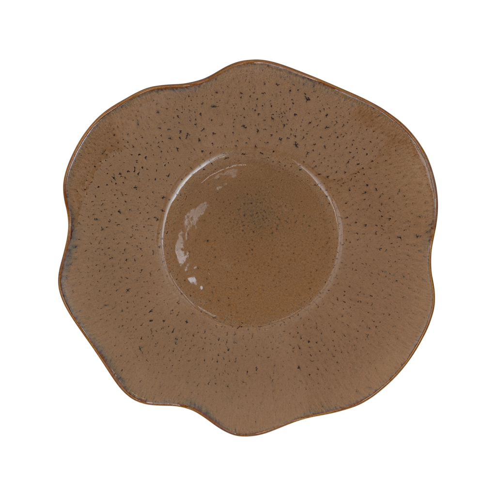 A large serving bowl with soft curved petal-shaped edges, crafted from a balanced mix of recycled and virgin ceramics, finished in a beige shiny reactive glaze.