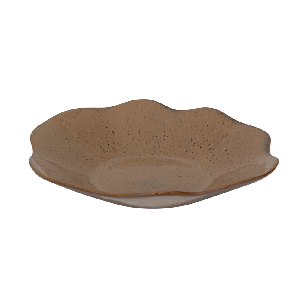 A large serving bowl with soft curved petal-shaped edges, crafted from a balanced mix of recycled and virgin ceramics, finished in a beige shiny reactive glaze.