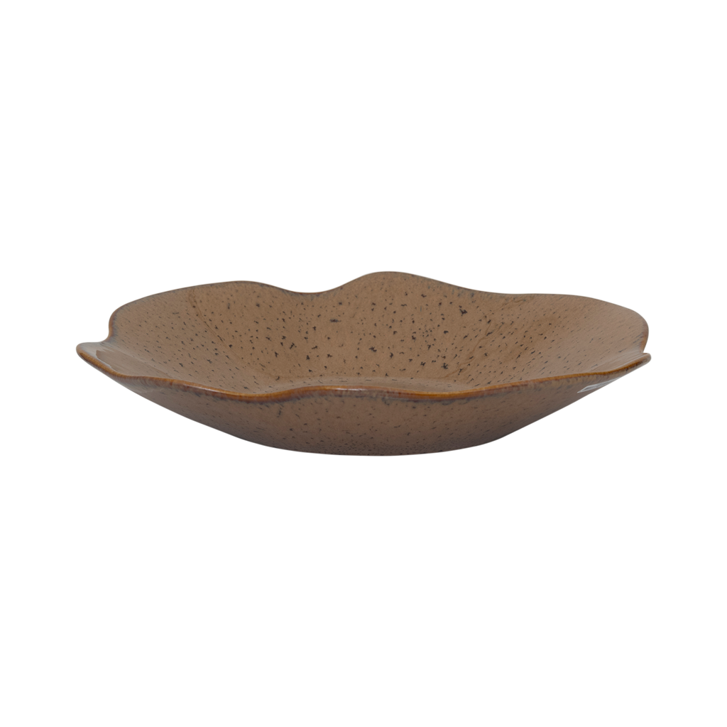 A large serving bowl with soft curved petal-shaped edges, crafted from a balanced mix of recycled and virgin ceramics, finished in a beige shiny reactive glaze.
