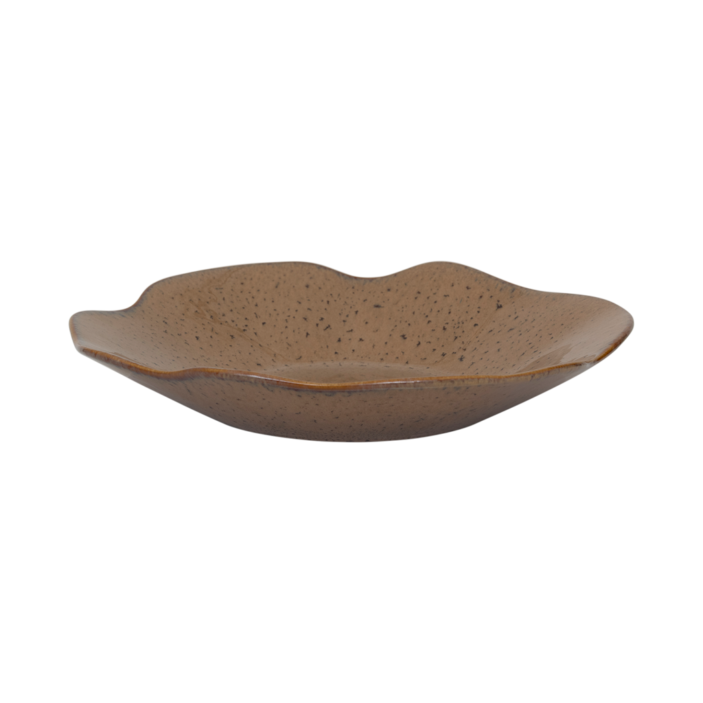 A large serving bowl with soft curved petal-shaped edges, crafted from a balanced mix of recycled and virgin ceramics, finished in a beige shiny reactive glaze.