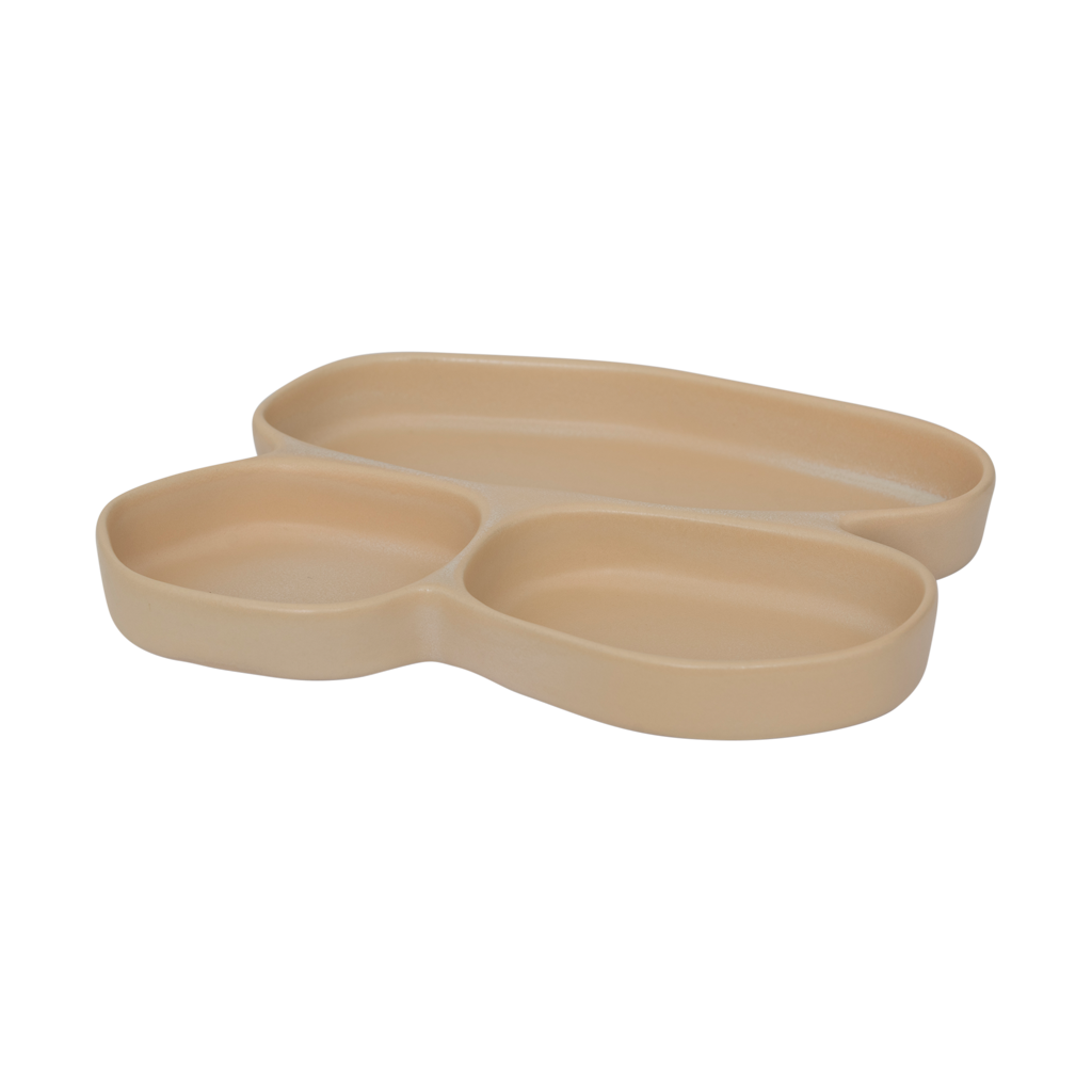 A sculptural, organic, contemporary snack bowl with three compartments made from a balanced mix of recycled and virgin ceramics in a subtle matt reactive glaze. In the soft and airy colour sea mist.