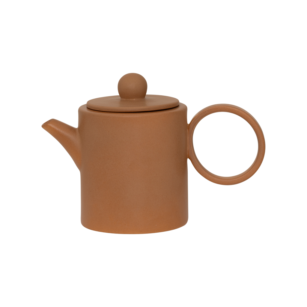 A small teapot for two cups with a refined, contemporary look, finished in a matt reactive mid- brown glaze, featuring a large rounded handle. Made from a balanced mix of recycled and virgin ceramics.