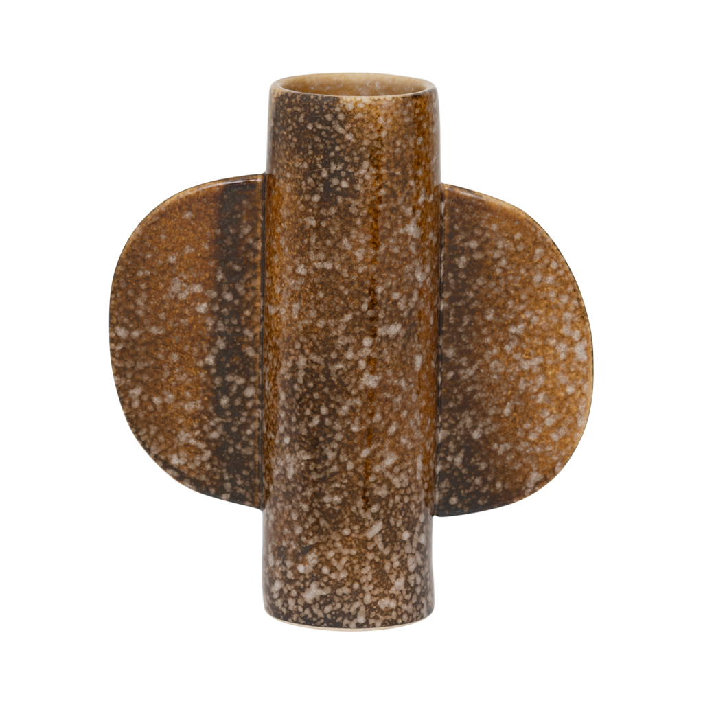 A small bodied vase featuring two organically shaped half-circle ears on the sides, finished in a lively brown shiny reactive glaze with outspoken tonal variation. Made from a balanced mix of recycled and virgin ceramics. One-flower vase.