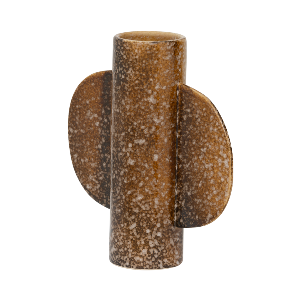 A small bodied vase featuring two organically shaped half-circle ears on the sides, finished in a lively brown shiny reactive glaze with outspoken tonal variation. Made from a balanced mix of recycled and virgin ceramics. One-flower vase.