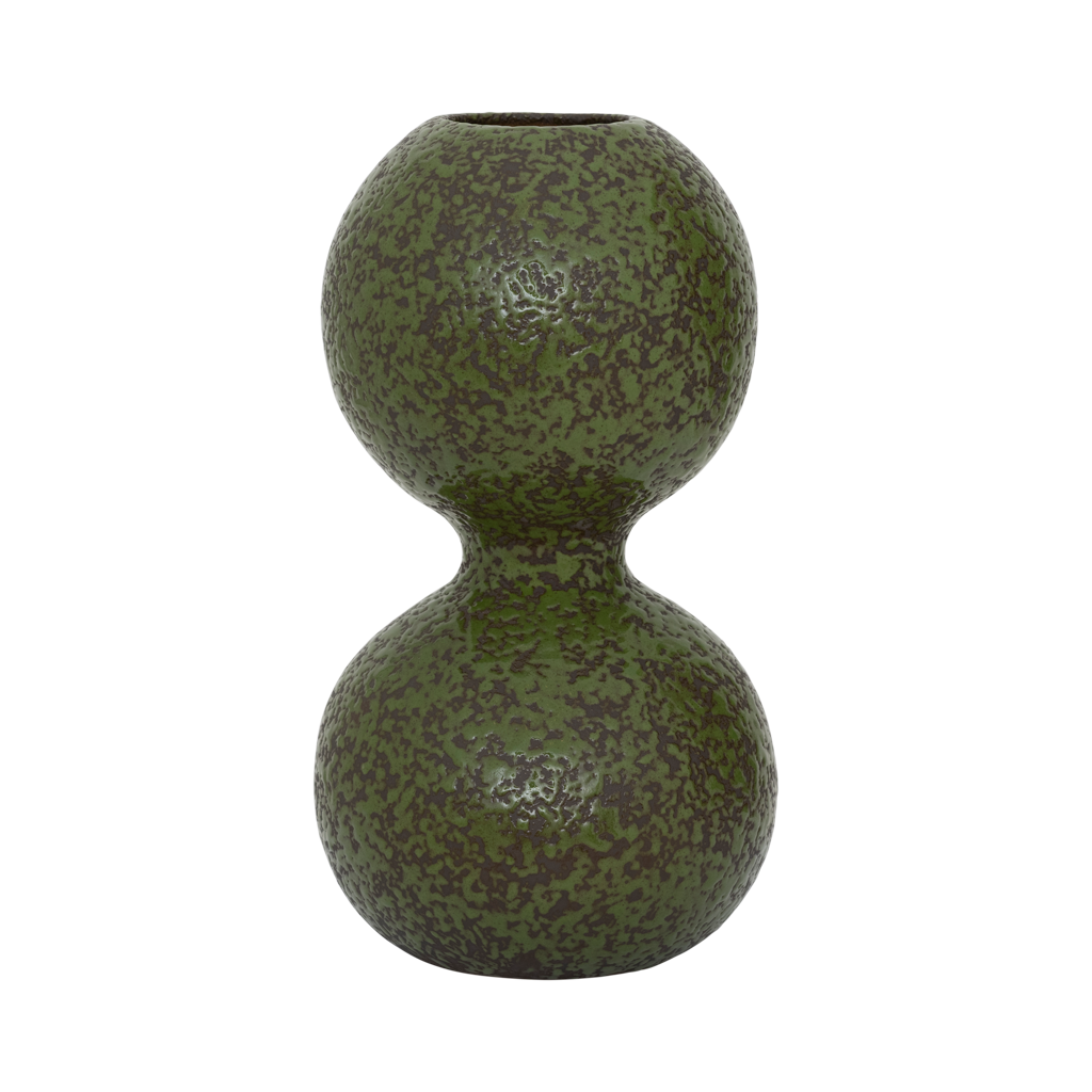 A vase composed of two smoothly stacked, flowing spheres, finished in the rich colour banana palm on a darkbrown base, in a reactive glaze. Crafted from a balanced mix of recycled and virgin ceramics.