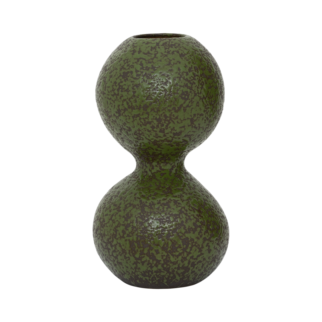 A vase composed of two smoothly stacked, flowing spheres, finished in the rich colour banana palm on a darkbrown base, in a reactive glaze. Crafted from a balanced mix of recycled and virgin ceramics.