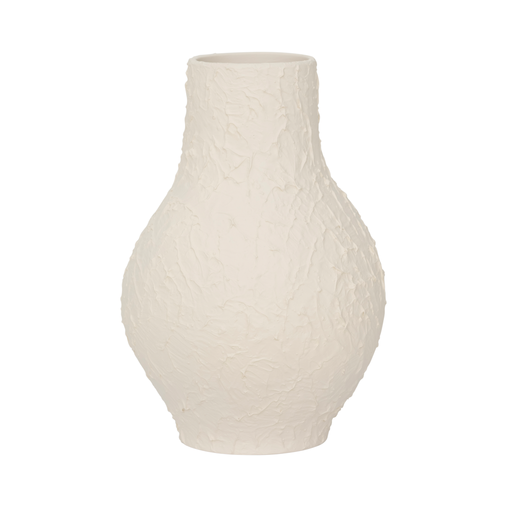 Flowing feminine design vase, made from ceramic with a matt spatulated tactile surface in the colour almond milk.