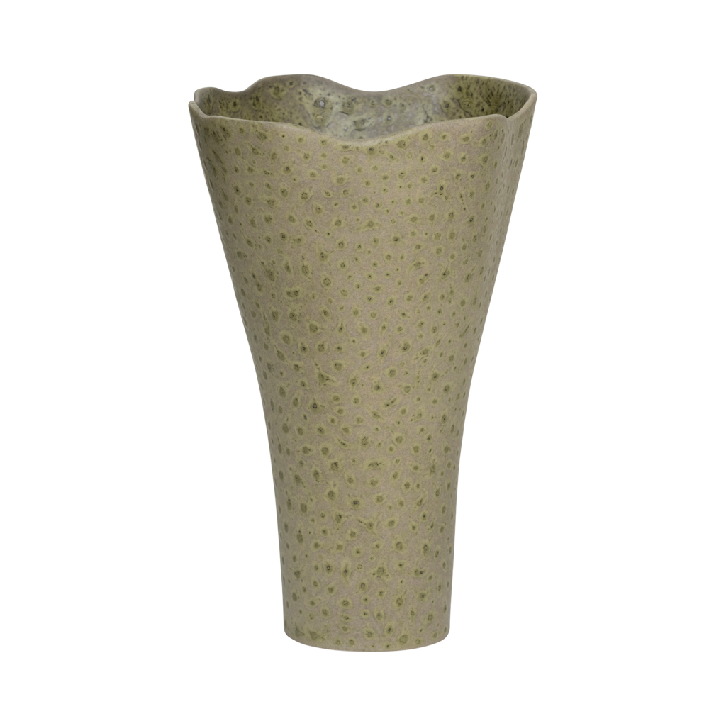 An elegant flared ceramic vase with a softly curved rim in a soft eucalyptus colour with a subtile matt special reactive glaze.