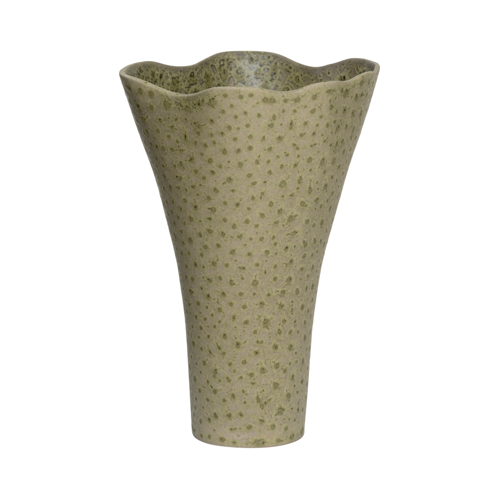 An elegant flared ceramic vase with a softly curved rim in a soft eucalyptus colour with a subtile matt special reactive glaze.