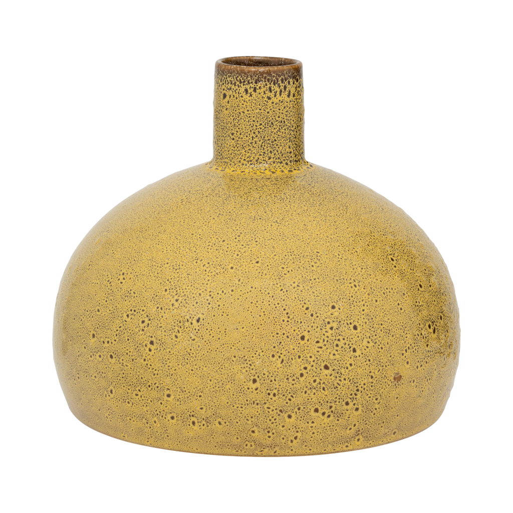 A big bold, flattened round ceramic vase with a small straight neck, featuring an artful shiny reactive glaze in the rich mustard like colour. Statement piece.