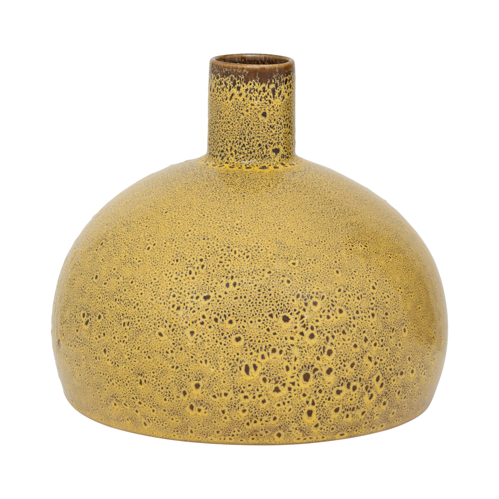 A big bold, flattened round ceramic vase with a small straight neck, featuring an artful shiny reactive glaze in the rich mustard like colour. Statement piece.