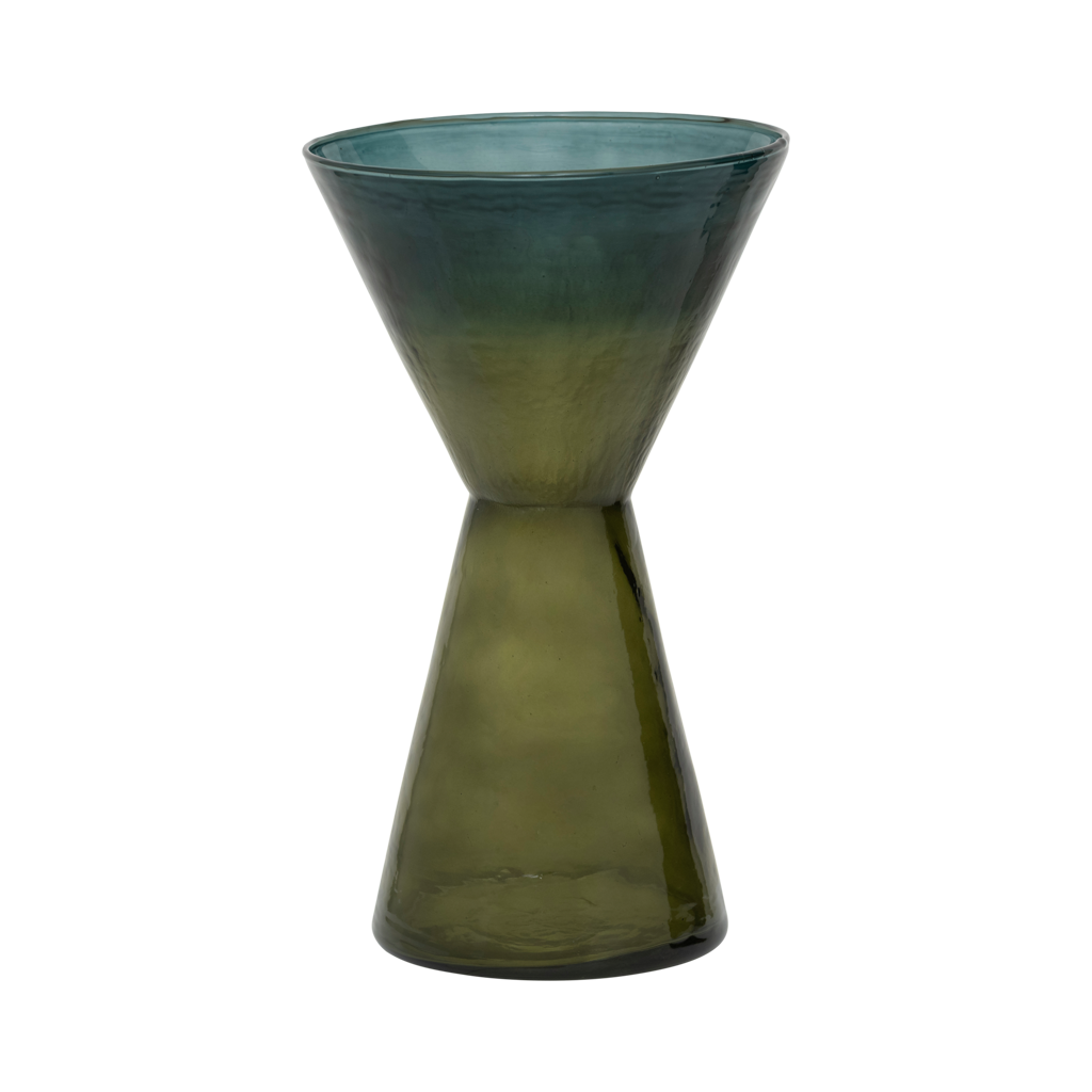 Recycled glass, transparant coloured vase in a statement hourglass shape, with clean, straight lines that meet at the centre. A gradient of two colours of green- banana palm for the body and green heron on the top