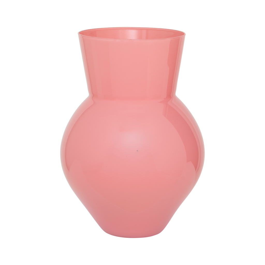 A large soft curved vase made from recycled glass, combining a flowing, organic form with a tapered neck, in the pink opaque coloured blush.
