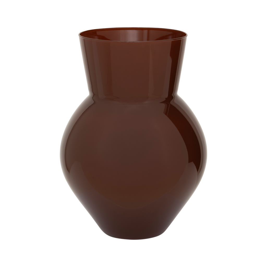 A large soft curved vase made from recycled glass, combining a flowing, organic form with a tapered neck, in the rich and opaque warm colour brandy.