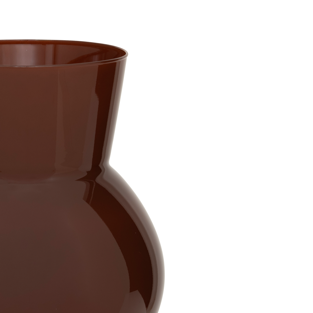 A large soft curved vase made from recycled glass, combining a flowing, organic form with a tapered neck, in the rich and opaque warm colour brandy.