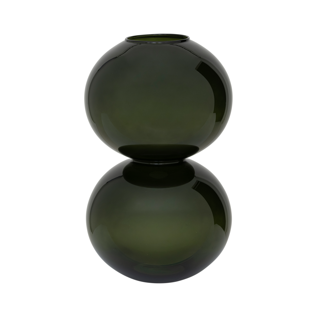 A large recycled glass vase with two layered spherical forms, balanced in the vivid and deep banana palm colour. Transparant coloured.