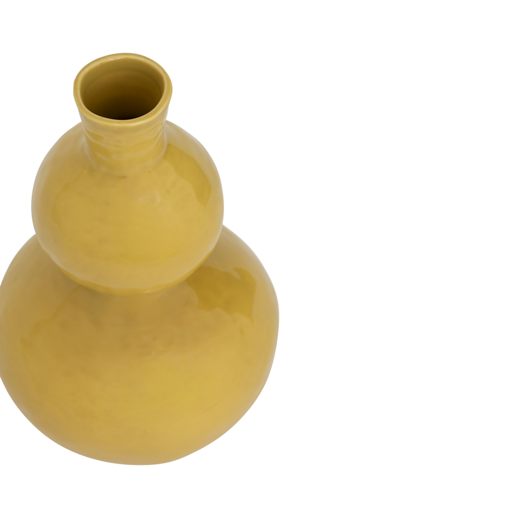 A double-bulb ceramic vase with a narrow neck, its curves flowing smoothly into each other, in the vibrant colour yellow yasmine. Slightly batterd skin.