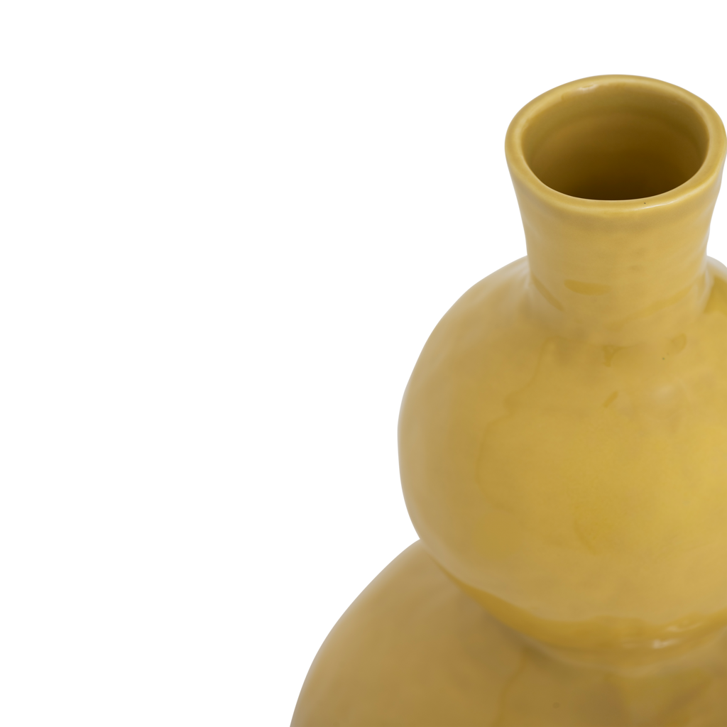 A double-bulb ceramic vase with a narrow neck, its curves flowing smoothly into each other, in the vibrant colour yellow yasmine. Slightly batterd skin.
