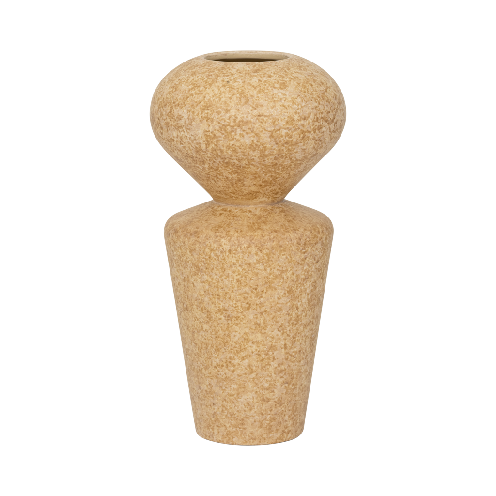 A ceramic vase with a modern shape where soft curves meet clean, straight lines, in the colour pale khaki with a matt sponged finish