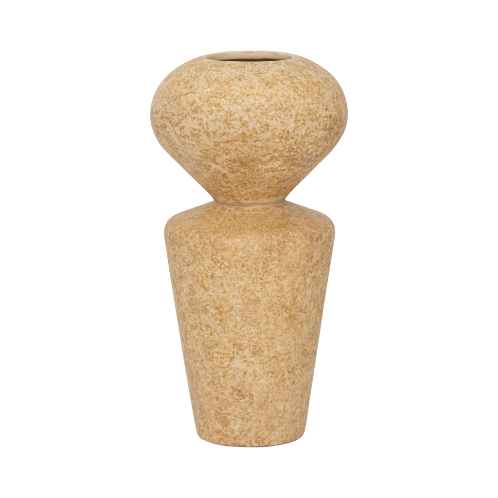 A ceramic vase with a modern shape where soft curves meet clean, straight lines, in the colour pale khaki with a matt sponged finish