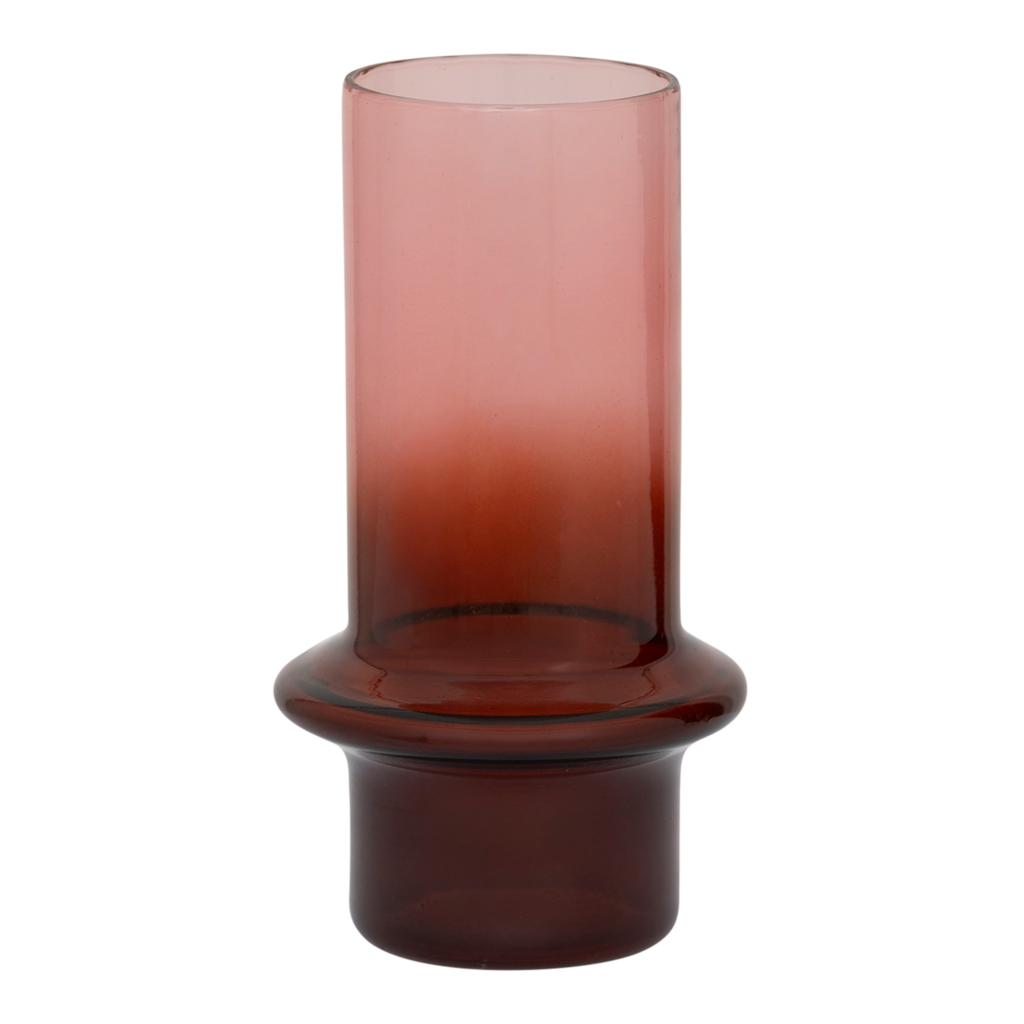 A recycled glass mini vase with a playful, funky shape, featuring a smooth colour gradient from rich brandy to bright blush pink.