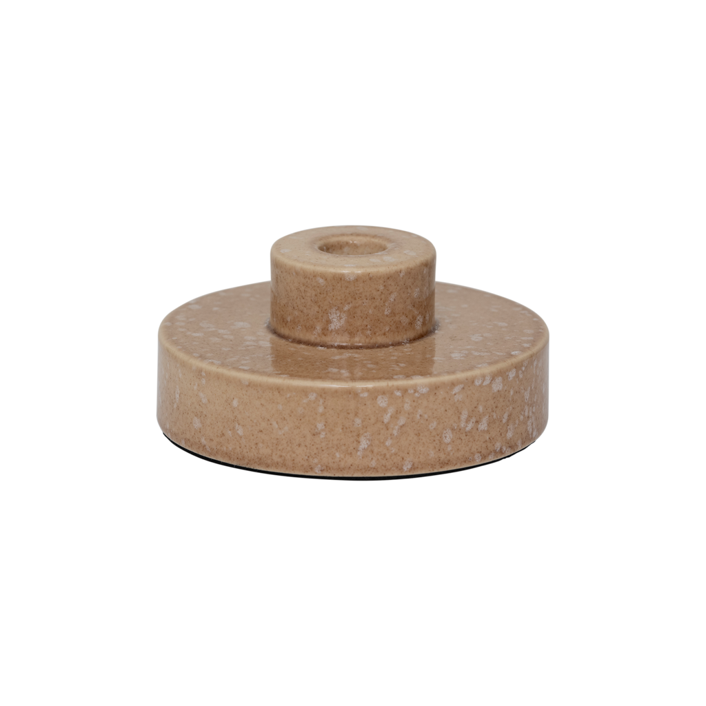 A two-layer candleholder made from a balanced mix of recycled and virgin ceramics, with a straight, minimal form in beige subtile shiny reactive glaze.