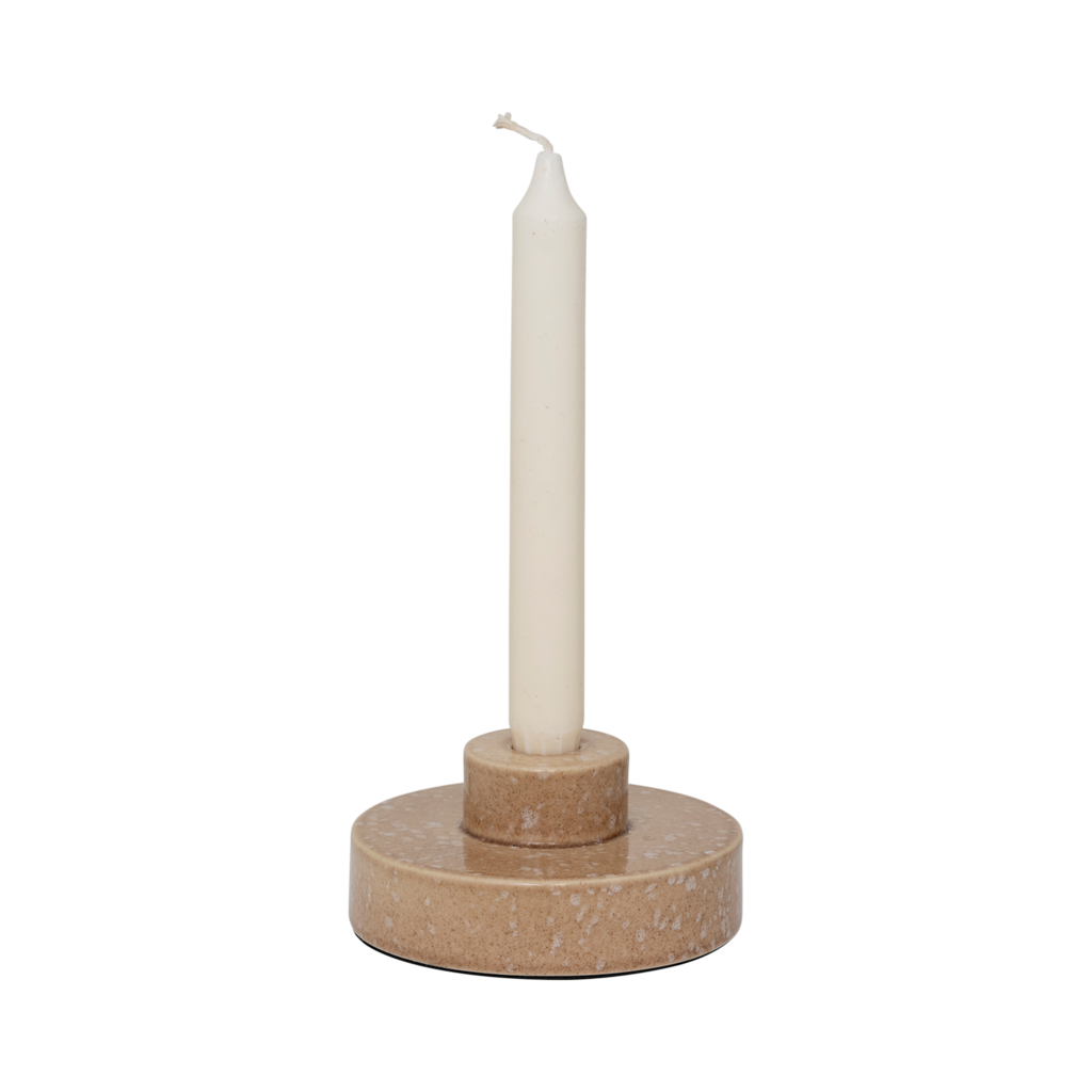 A two-layer candleholder made from a balanced mix of recycled and virgin ceramics, with a straight, minimal form in beige subtile shiny reactive glaze.