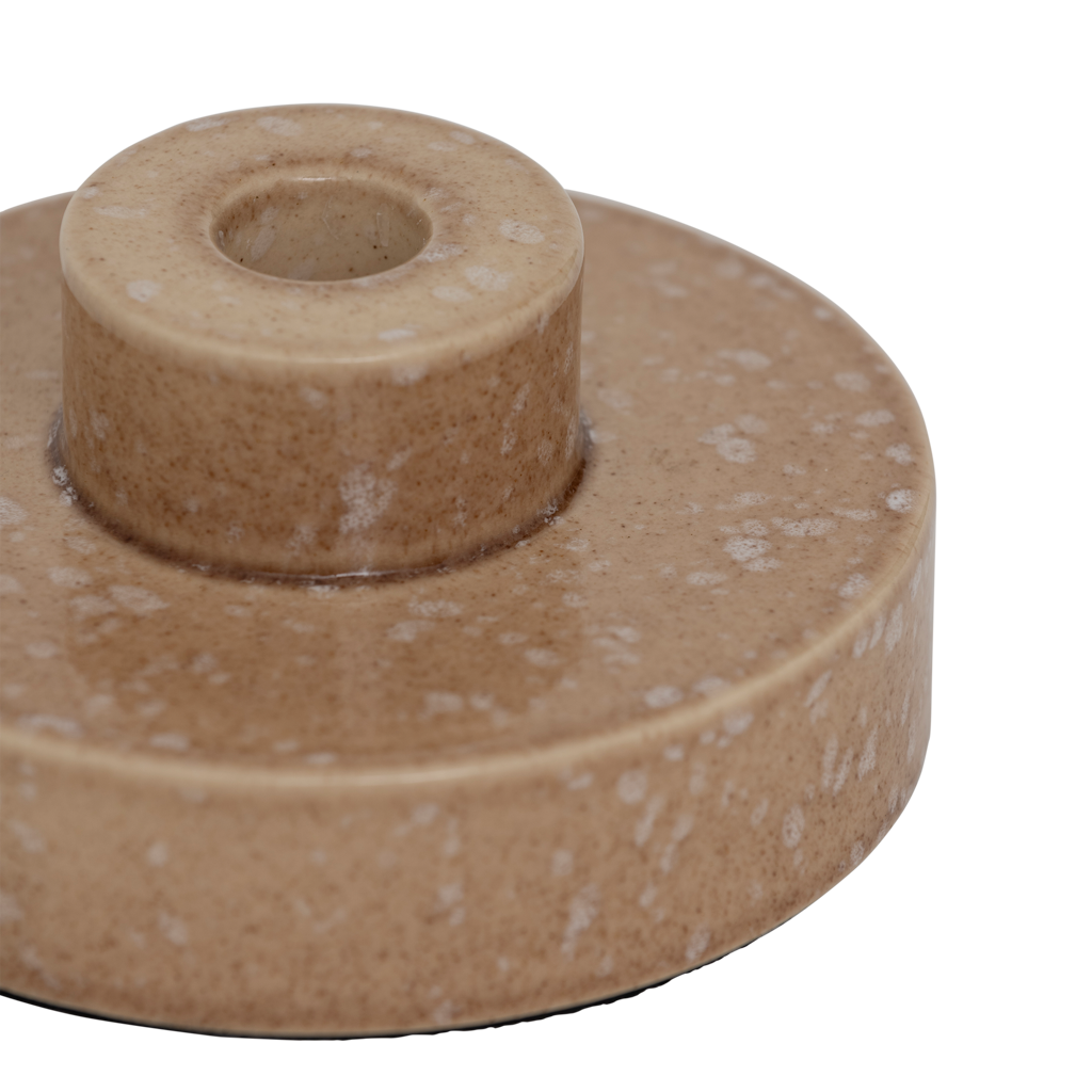 A two-layer candleholder made from a balanced mix of recycled and virgin ceramics, with a straight, minimal form in beige subtile shiny reactive glaze.