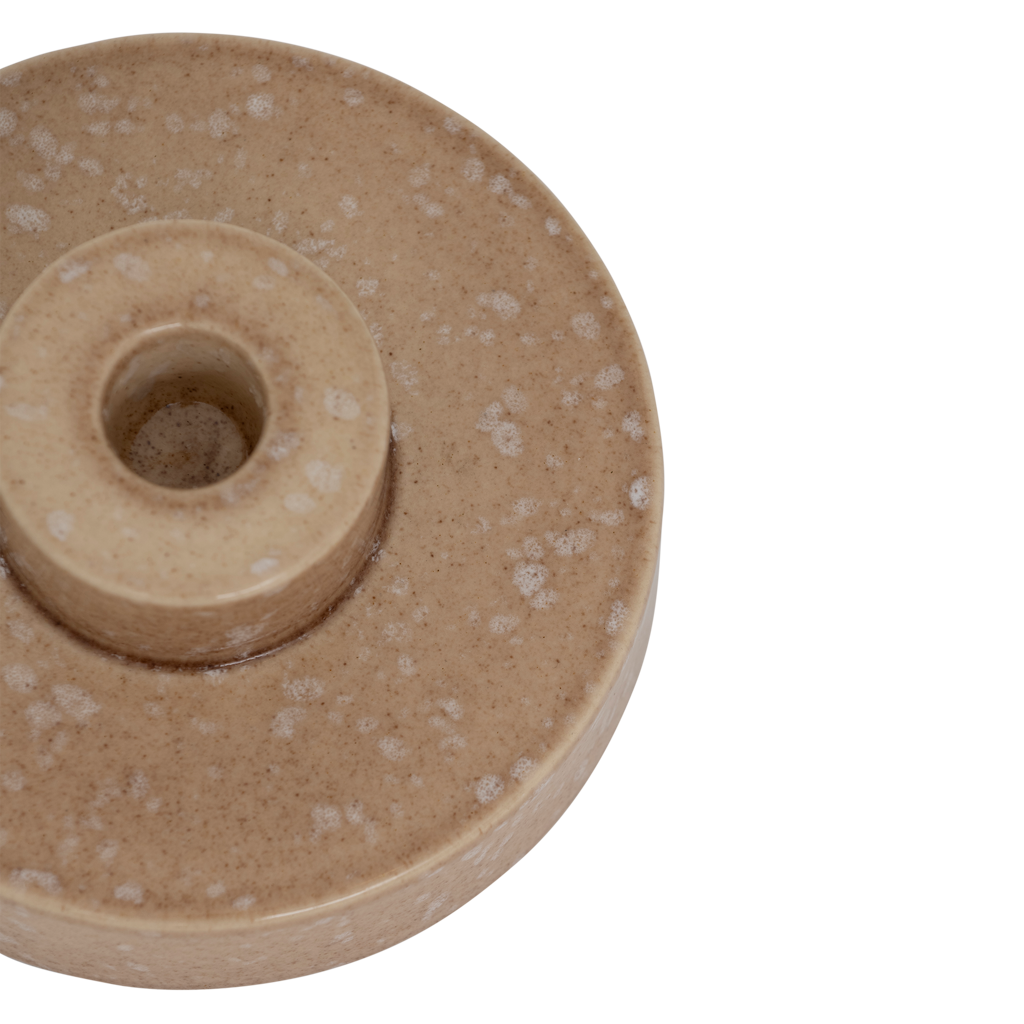 A two-layer candleholder made from a balanced mix of recycled and virgin ceramics, with a straight, minimal form in beige subtile shiny reactive glaze.