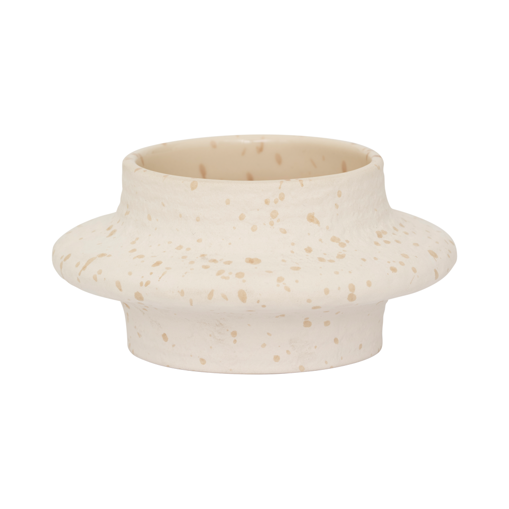 An XL tealight holder crafted from a mix of recycled and virgin ceramics, featuring a flowing form that feels playful yet calm. The off-white colour with speckles has a matt exterior and a shiny interior for subtle contrast.