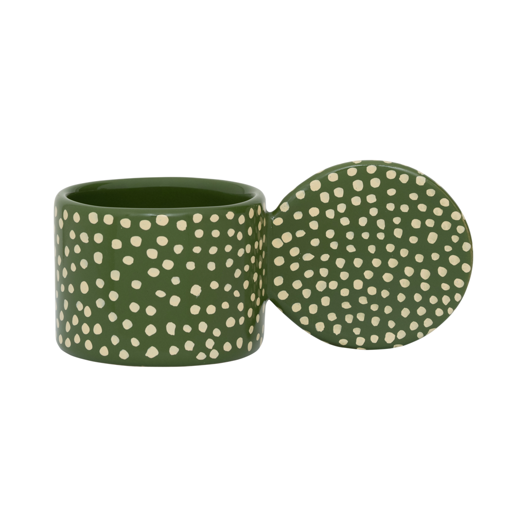 An XL tealight holder crafted from a mix of recycled and virgin ceramics. In a playful design with big ear and in a finish of handmade organic dots. In a vibrant banana palm base colour with vanilla coloured dots.