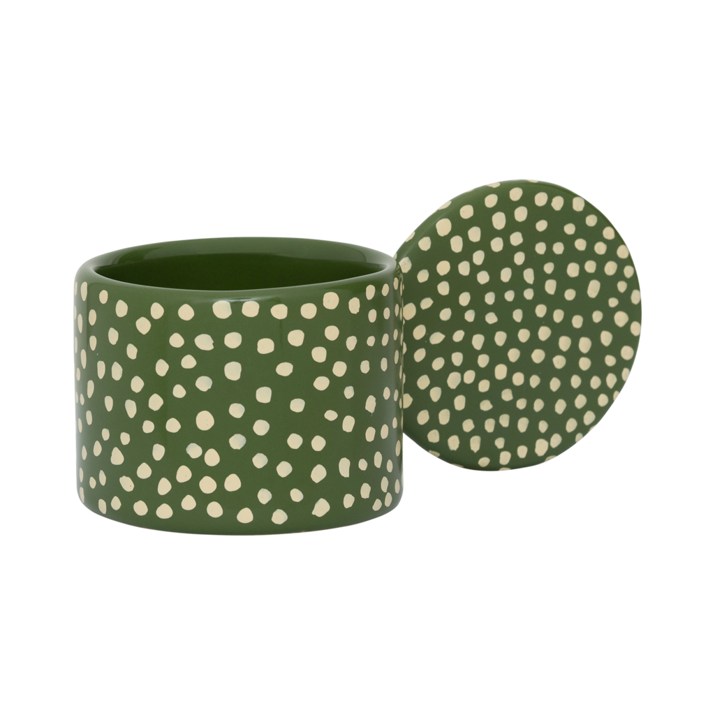 An XL tealight holder crafted from a mix of recycled and virgin ceramics. In a playful design with big ear and in a finish of handmade organic dots. In a vibrant banana palm base colour with vanilla coloured dots.