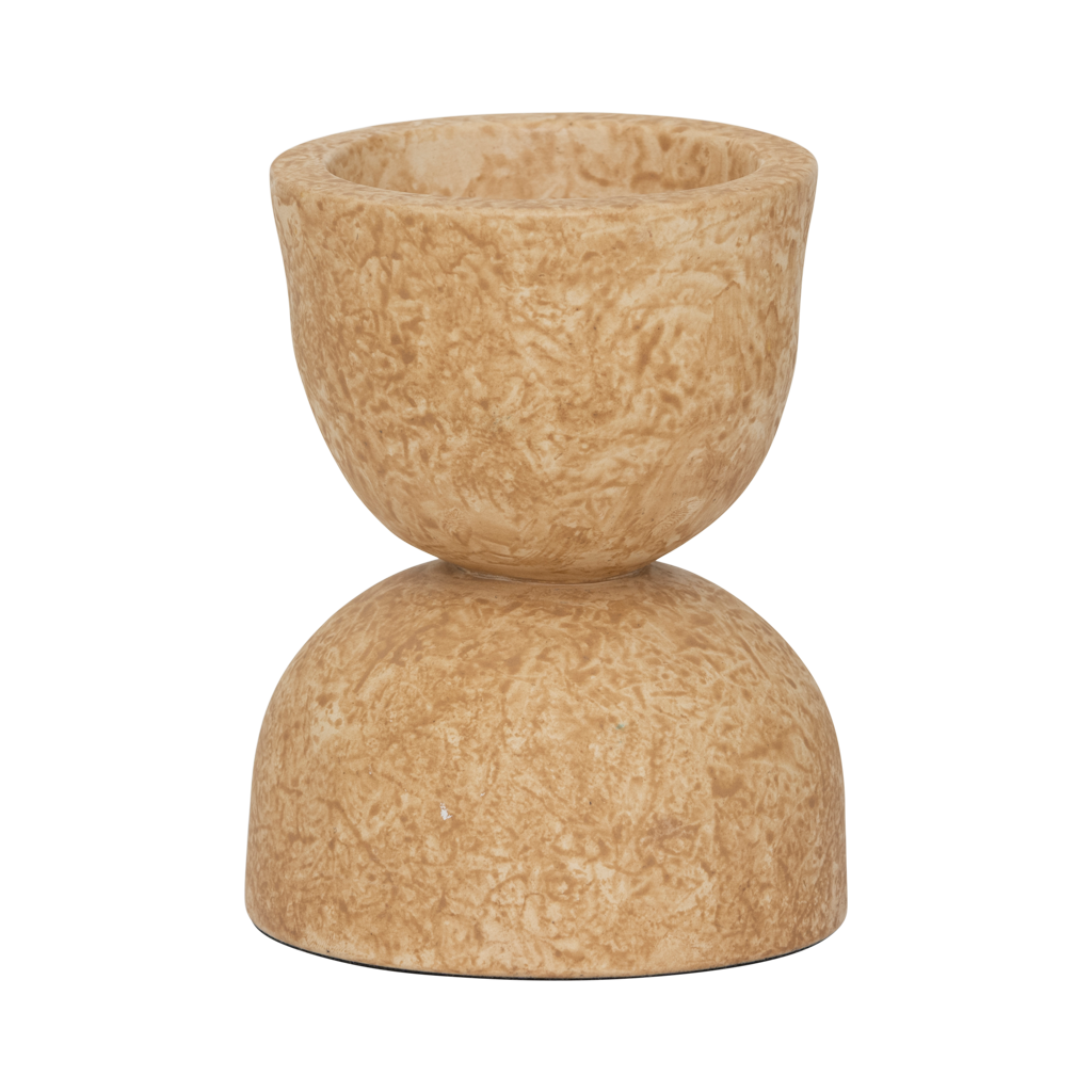 A xl tealight holder with a gently curved hourglass silhouette, in the colour pale khaki. The matt sponging technique adds a soft, layered effect in the finish, giving the piece visual interest. Made from a balanced mix of recycled and virgin ceramics.